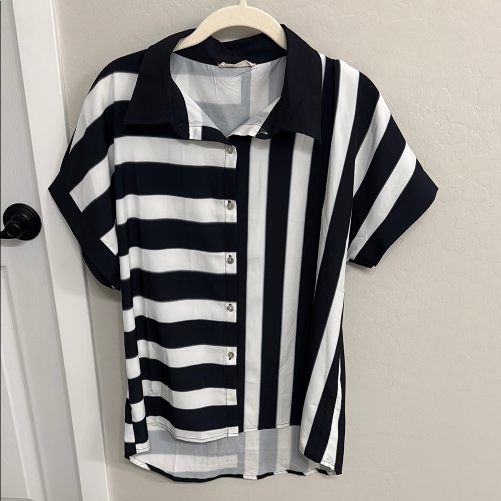 Black and White Striped Button-Up Shirt